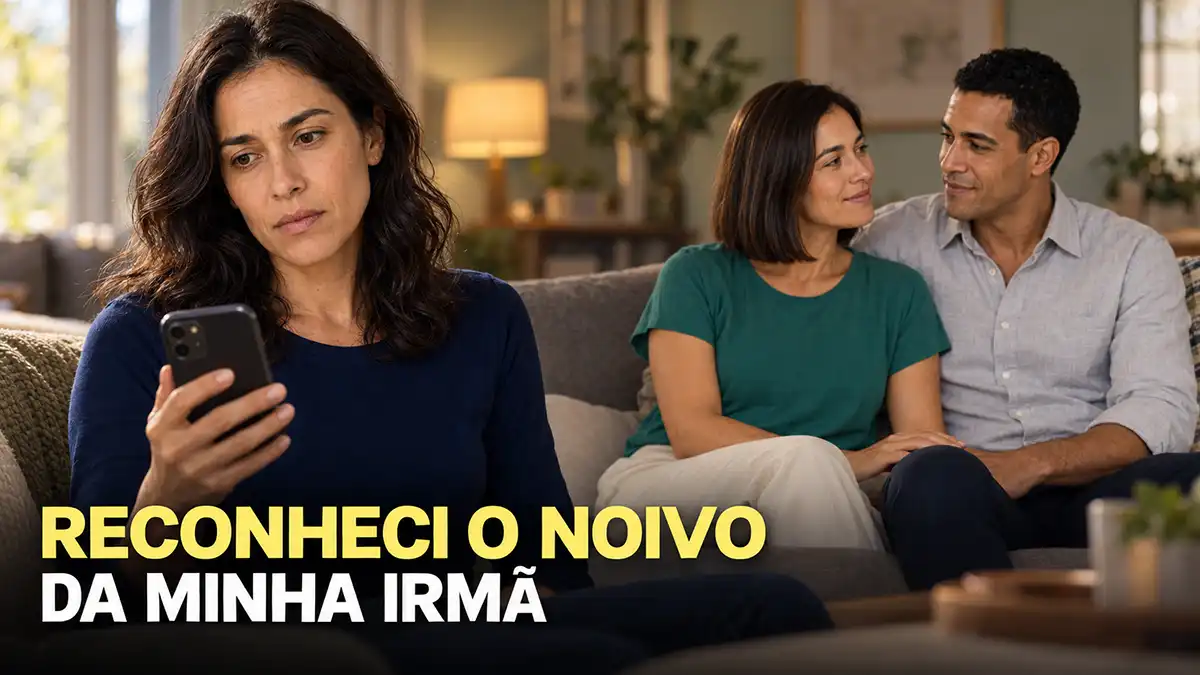Mulher preocupada olha para o celular, com a irmã e o noivo ao fundo; na imagem, lê-se “Reconheci o noivo da minha irmã